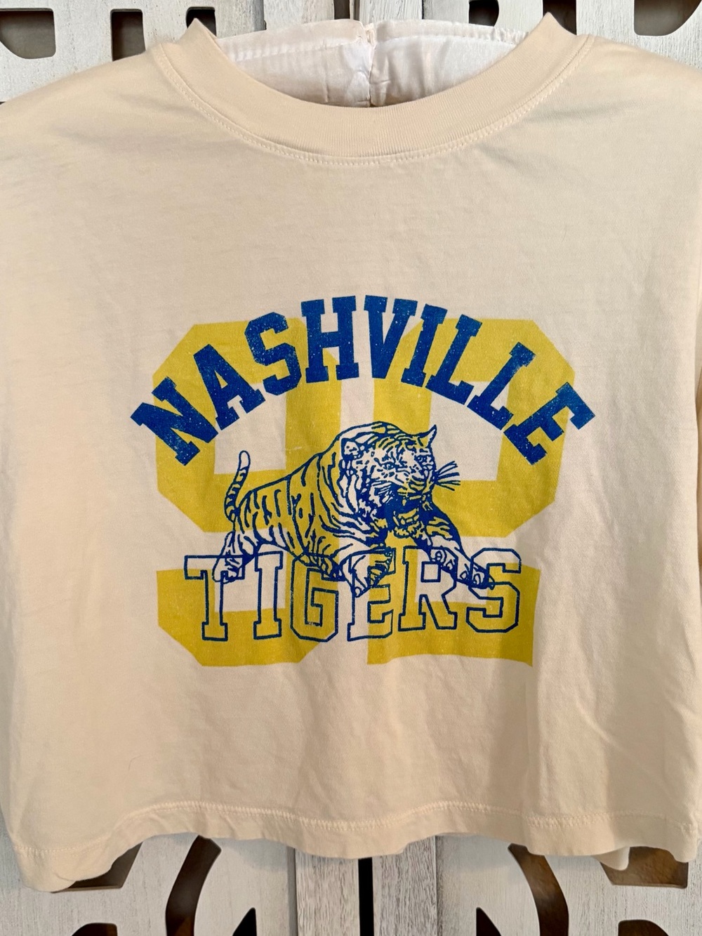 Altar'd State Cream Cropped Tee with Blue and Yellow Nashville Tigers Graphic